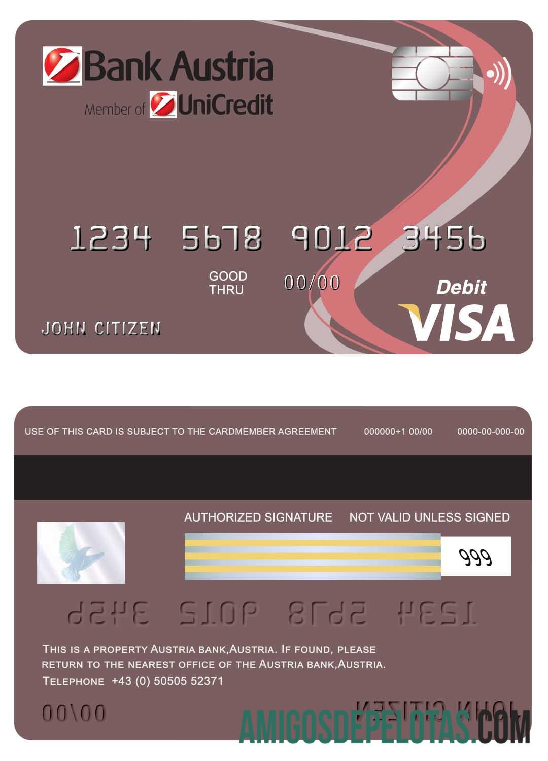 Cartão Austria Bank Austria Visa modelo